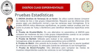 DISEÑOS CUASI EXPERIMENTALES
Pruebas Estadísticas
3. ANOVA (Análisis de Varianza) de un factor: Se utiliza cuando deseas comparar
las medias de tres o más grupos independientes. Requiere que las diferencias entre
grupos sigan una distribución normal y que las varianzas sean homogéneas. Si la
prueba ANOVA indica diferencias significativas, se pueden realizar pruebas post hoc
(como la prueba de Tukey o Bonferroni) para identificar diferencias específicas entre
grupos.
4. Prueba de Kruskal-Wallis: Es una alternativa no paramétrica al ANOVA para
comparar las medianas de tres o más grupos independientes cuando no se cumplen
las suposiciones de normalidad o homogeneidad de varianzas.
5. Prueba de Bartlett: Utilizada para evaluar si las varianzas de los grupos son
homogéneas antes de aplicar una prueba paramétrica como el ANOVA.
6. Prueba de Welch: Una variante de la prueba t de Student que no asume igualdad
de varianzas entre grupos. Es adecuada cuando las varianzas no son homogéneas.
7. Prueba de Brown-Forsythe: Otra alternativa para comparar las medias de
muestras independientes cuando las varianzas no son homogéneas.
 