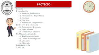 PROYECTO
Caratula
I. Introducción
1.1. Situación problemática
1.2. Planteamiento del problema
1.3. Hipótesis
1.4. Objetivos
1.5. Justificación e importancia
II. Revisión de la Literatura
2.1. Antecedentes de estudio
2.2. Bases teóricas
2.3. Definición de términos
III. Materiales y Métodos
3.1. Tipo de investigación
3.2. Diseño de investigación
3.3. Ubicación
3.4. Materiales
BIBLIOGRAFÍA
ANEXOS
 