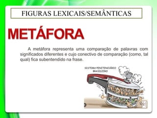 FIGURAS LEXICAIS/SEMÂNTICAS
A metáfora representa uma comparação de palavras com
significados diferentes e cujo conectivo de comparação (como, tal
qual) fica subentendido na frase.
 