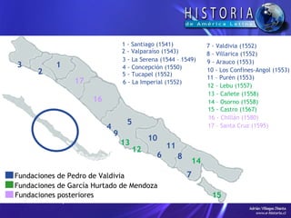Fundaciones de Pedro de Valdivia Fundaciones de García Hurtado de Mendoza Fundaciones posteriores 1 - Santiago (1541) 2 - Valparaíso (1543) 3 - La Serena (1544 – 1549) 4 - Concepción (1550) 5 - Tucapel (1552) 6 - La Imperial (1552) 7 - Valdivia (1552) 8 - Villarica (1552) 9 - Arauco (1553) 10 - Los Confines-Angol (1553) 11 – Purén (1553) 12 - Lebu (1557) 13 - Cañete (1558) 14 – Osorno (1558) 15 - Castro (1567) 16 - Chillán (1580) 17 – Santa Cruz (1595) 1 2 3 4 5 6 7 8 9 10 11 12 13 14 15 16 17 Fundaciones de Pedro de Valdivia Fundaciones de García Hurtado de Mendoza Fundaciones posteriores 
