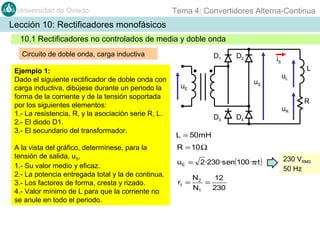 Universidad de Oviedo

Tema 4: Convertidores Alterna-Continua

Lección 10: Rectificadores monofásicos
10.1 Rectificadores no controlados de media y doble onda
Circuito de doble onda, carga inductiva
Ejemplo 1:
Dado el siguiente rectificador de doble onda con
carga inductiva, dibújese durante un periodo la
forma de la corriente y de la tensión soportada
por los siguientes elementos:
1.- La resistencia, R, y la asociación serie R, L.
2.- El diodo D1.
3.- El secundario del transformador.
A la vista del gráfico, determínese, para la
tensión de salida, uS,
1.- Su valor medio y eficaz.
2.- La potencia entregada total y la de continua.
3.- Los factores de forma, cresta y rizado.
4.- Valor mínimo de L para que la corriente no
se anule en todo el periodo.

D1

D2

iS
uS

uE

D3

D4

uL

uR

L

R

L = 50mH
R = 10 Ω
uE = 2 ·230·sen(100·π·t )
rt =

N2
12
=
N1
230

230 VRMS
50 Hz

 