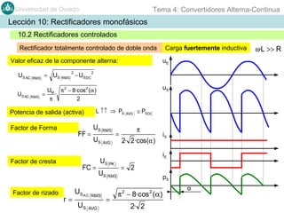 Tema 4: Convertidores Alterna-Continua

Universidad de Oviedo

Lección 10: Rectificadores monofásicos
10.2 Rectificadores controlados
Rectificador totalmente controlado de doble onda
Valor eficaz de la componente alterna:
2

US AC RMS = US RMS − US DC
US AC RMS

uE

2

uS

UM π 2 − 8·cos 2 (α )
=
·
π
2

L ↑↑ ⇒ PS

Potencia de salida (activa)
Factor de Forma

FF =

Factor de cresta

Factor de rizado

US RMS
US AVG

FC =

r=

US AC
US

Carga fuertemente inductiva

US PK
US RMS

RMS

AVG

=

AVG

≅ PS DC

π
2· 2·cos(α )

iE

= 2
pS

π − 8·cos (α )
2

=

iS

2

2· 2

α

ω·L >> R

 
