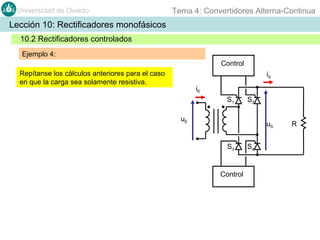 Universidad de Oviedo

Tema 4: Convertidores Alterna-Continua

Lección 10: Rectificadores monofásicos
10.2 Rectificadores controlados
Ejemplo 4:
Control
Repítanse los cálculos anteriores para el caso
en que la carga sea solamente resistiva.

iS
iE
S1

S2

uE

uS
S3

Control

S4

R

 