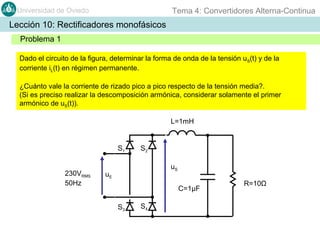 Tema 4: Convertidores Alterna-Continua

Universidad de Oviedo

Lección 10: Rectificadores monofásicos
Problema 1
Dado el circuito de la figura, determinar la forma de onda de la tensión uS(t) y de la
corriente iL(t) en régimen permanente.
¿Cuánto vale la corriente de rizado pico a pico respecto de la tensión media?.
(Si es preciso realizar la descomposición armónica, considerar solamente el primer
armónico de uS(t)).
L=1mH

S1
230VRMS
50Hz

S2
uS

uE

C=1µF
S3

S4

R=10Ω

 