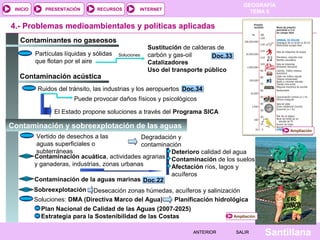 GEOGRAFÍA
TEMA 5RECURSOS INTERNETPRESENTACIÓN
Santillana
INICIO
SALIRSALIRANTERIORANTERIOR
Contaminación acústica
Sustitución de calderas de
carbón y gas-oil
Catalizadores
Uso del transporte público
4.- Problemas medioambientales y políticas aplicadas
Contaminación y sobreexplotación de las aguas
Contaminantes no gaseosos
Partículas líquidas y sólidas
que flotan por el aire
Doc.33Doc.33
Doc.34Doc.34
Ampliación
Soluciones
Ruidos del tránsito, las industrias y los aeropuertos
Puede provocar daños físicos y psicológicos
El Estado propone soluciones a través del Programa SICA
Vertido de desechos a las
aguas superficiales o
subterráneas
Degradación y
contaminación
Contaminación acuática, actividades agrarias
y ganaderas, industrias, zonas urbanas
Deterioro calidad del agua
Contaminación de los suelos
Afectación ríos, lagos y
acuíferos
Contaminación de la aguas marinas Doc.22Doc.22
Sobreexplotación Desecación zonas húmedas, acuíferos y salinización
Soluciones: DMA (Directiva Marco del Agua) Planificación hidrológica
Plan Nacional de Calidad de las Aguas (2007-2025)
Estrategia para la Sostenibilidad de las Costas Ampliación
 