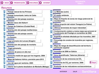 GEOGRAFÍA
TEMA 5RECURSOS INTERNETPRESENTACIÓN
Santillana
INICIO
SALIRSALIRANTERIORANTERIOR
Paisaje humanizado: bahía de CádizPaisaje humanizado: bahía de Cádiz
Recursos
Distribución del paisaje oceánicoDistribución del paisaje oceánico
Distribución del paisaje canarioDistribución del paisaje canario
Lago pirenaico de Lanuza (Aragón)Lago pirenaico de Lanuza (Aragón)
Distribución del paisaje de montañaDistribución del paisaje de montaña
Mapa del balance hídrico, previsión para 2012Mapa del balance hídrico, previsión para 2012
Labores de pesca en alta marLabores de pesca en alta mar
Consumo medio de agua por los hogares, 2006Consumo medio de agua por los hogares, 2006
Interior de la planta desaladora de Marbella (Málaga)Interior de la planta desaladora de Marbella (Málaga)
La Médulas (León)La Médulas (León)
El medio ambienteEl medio ambiente
La GomeraLa Gomera
Paisaje natural de los PirineosPaisaje natural de los Pirineos
Macizo vasco del AizkorriMacizo vasco del Aizkorri
Distribución del paisaje mediterráneoDistribución del paisaje mediterráneo
Última erupción del volcán Teneguía (La Palma)Última erupción del volcán Teneguía (La Palma)
Últimos terremotos de mayor intensidadÚltimos terremotos de mayor intensidad
Contaminación costera y marea negra que provocó el
hundimiento del Prestige en noviembre de 2002
Contaminación costera y marea negra que provocó el
hundimiento del Prestige en noviembre de 2002
Seguir
Trigal extremeñoTrigal extremeño
Mapa de España de zonas de riesgo potencial de
inundaciones
Mapa de España de zonas de riesgo potencial de
inundaciones
Superficie arbolada afectada por los incendios, 2007Superficie arbolada afectada por los incendios, 2007
Campo de Calatrava (Ciudad Real)Campo de Calatrava (Ciudad Real)
Uso del agua por sectores, 2005Uso del agua por sectores, 2005
Evolución de las emisiones de CO2
Evolución de las emisiones de CO2
Emisiones de CO2 por sectores, 2006Emisiones de CO2 por sectores, 2006
Porcentaje de conatos de incendios por regiones,
2007
Porcentaje de conatos de incendios por regiones,
2007
Mapa de riesgo de desertificación del territorio
peninsular español
Mapa de riesgo de desertificación del territorio
peninsular español
Incendios de 2006 en GaliciaIncendios de 2006 en Galicia
Zona desertificada: Tabernas (Almería)Zona desertificada: Tabernas (Almería)
Evolución de los indicadores socioeconómicosEvolución de los indicadores socioeconómicos
 