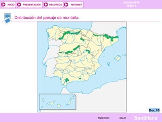 GEOGRAFÍA
TEMA 5RECURSOS INTERNETPRESENTACIÓN
Santillana
INICIO
SALIRSALIRANTERIORANTERIOR
Distribución del paisaje de montaña
Doc.10Doc.10
 