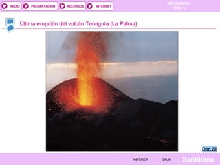 GEOGRAFÍA
TEMA 5RECURSOS INTERNETPRESENTACIÓN
Santillana
INICIO
SALIRSALIRANTERIORANTERIOR
Última erupción del volcán Teneguía (La Palma)
Doc.20Doc.20
 