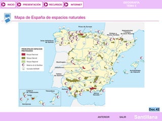 GEOGRAFÍA
TEMA 5RECURSOS INTERNETPRESENTACIÓN
Santillana
INICIO
SALIRSALIRANTERIORANTERIOR
Mapa de España de espacios naturales
Doc.42Doc.42
 