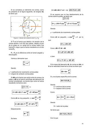 55
Si se considera un elemento de correa, como
se presenta en la figura siguiente, de longitud dL
se tiene que:
dL
dS
F+dF
F
T
F
d
F
d
2
d
2
dN
R
2
1
θ
θ
θ
θ
Figura 2.- Cálculo de la relación entre F1 y F2
Si T es la fuerza que debido a la tensión de la
correa tiende a unir las dos poleas, debido al giro
de la polea en un ramal de la correa habrá una
fuerza F1 mayor que la fuerza resultante en el otro
ramal F2.
F1 - F2 es la diferencia entre el ramal cargado y
descargado.
Vamos a demostrar que:
µθ
e=
F
F
2
1
Siendo:
µ = coeficiente de rozamiento correa-polea
θ = ángulo de contacto correa-polea
Si dN es la fuerza que actúa entre la correa y la
polea y dS es la fuerza centrífuga del elemento de
correa considerado, se tendrá que como la fuerza
resultante normal es cero:
∑ 0=Fn ⇒
2
d
dF)sen+(F-
2
d
senF-dS+dN=0
θθ
⋅
Como dθ es muy pequeño
2
d
=
2
d
sen
θθ
⇒
( )
2
d
•dF+F-
2
d
•F-dS+dN=0
θθ
Despreciando:
2
d
dF
θ
⋅
Se tiene:
θdF-dS+dN=0 ⋅ ⇒ Sd-F.d=Nd θ
Si se supone que no hay deslizamiento de la
correa sobre la polea, se tiene que:
∑ 0=Ft
2
d
cosF)d+(F-
2
d
cosF+Nd=0
θθ
µ ⋅
Siendo:
µ = coeficiente de rozamiento correa-polea.
Como dθ es pequeño 1
2
d
cos →⇒
θ
por lo
que:
Fd-Nd=0 ⋅µ
Como: dN = F dθ - dS
dF-dS)-d(F=0 θµ ⋅
o bien:
dF-dS-dF=0 ⋅⋅⋅ µθµ
Si la masa del elemento dL de correa es dm, si
V es la velocidad lineal de la correa se tiene que:
R
V
dm=dS
2
⋅
Si γ es el peso específico de la correa:
γb.h.dL.=dm
Siendo
b = anchura de la correa
h = espesor de la correa
Como:
θθ R.dd
2
h
+R=dL ≈⋅





Siendo
R = radio de la polea
Se tiene que:
θγ .R.db.h.=dm
Con lo que:
 