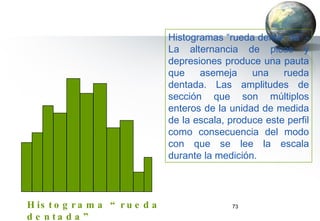 Histograma “rueda dentada” Histogramas “rueda denta- da”.- La alternancia de picos y depresiones produce una pauta que asemeja una rueda dentada. Las amplitudes de sección que son múltiplos enteros de la unidad de medida de la escala, produce este perfil como consecuencia del modo con que se lee la escala durante la medición. 