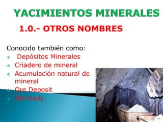 1.0.- OTROS NOMBRES 
Conocido también como: 
 Depósitos Minerales 
 Criadero de mineral 
 Acumulación natural de 
mineral 
 Ore Deposit 
 Ore body 
 