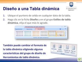 Diseño a una Tabla dinámica
1. Ubique el puntero de celda en cualquier dato de la tabla.
2. Haga clic en la ficha Diseño y en el grupo Estilos de tabla
   dinámica, elija el que más le agrade.




También puede cambiar el formato de
la tabla dinámica eligiendo algunas
características del grupo de diseño de
Herramientas de tabla dinámica.
 