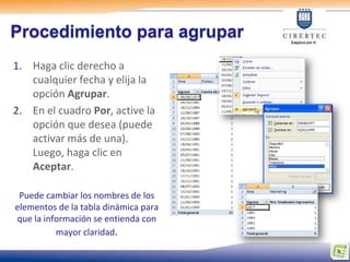Procedimiento para agrupar
1. Haga clic derecho a
   cualquier fecha y elija la
   opción Agrupar.
2. En el cuadro Por, active la
   opción que desea (puede
   activar más de una).
   Luego, haga clic en
   Aceptar.

 Puede cambiar los nombres de los
elementos de la tabla dinámica para
que la información se entienda con
          mayor claridad.
 