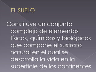 Constituye un conjunto
 complejo de elementos
 físicos, químicos y biológicos
 que compone el sustrato
 natural en el cual se
 desarrolla la vida en la
 superficie de los continentes
 