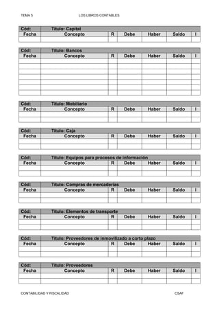 TEMA 5                      LOS LIBROS CONTABLES



Cód:           Título: Capital
 Fecha                Concepto             R       Debe     Haber    Saldo   I


Cód:           Título: Bancos
 Fecha                Concepto             R       Debe     Haber    Saldo   I




Cód:           Título: Mobiliario
 Fecha                Concepto             R       Debe     Haber    Saldo   I



Cód:           Título: Caja
 Fecha                Concepto             R       Debe     Haber    Saldo   I



Cód:           Título: Equipos para procesos de información
 Fecha                Concepto            R      Debe       Haber    Saldo   I



Cód:           Título: Compras de mercaderías
 Fecha                Concepto           R         Debe     Haber    Saldo   I



Cód:           Título: Elementos de transporte
 Fecha                Concepto             R       Debe     Haber    Saldo   I



Cód:           Título: Proveedores de inmovilizado a corto plazo
 Fecha                Concepto            R      Debe        Haber   Saldo   I



Cód:           Título: Proveedores
 Fecha                Concepto             R       Debe     Haber    Saldo   I




CONTABILIDAD Y FISCALIDAD                                            CSAF
 
