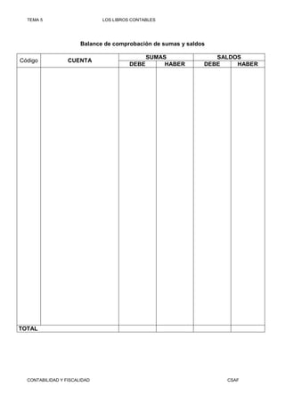 TEMA 5                      LOS LIBROS CONTABLES




                       Balance de comprobación de sumas y saldos

                                             SUMAS                SALDOS
Código            CUENTA
                                        DEBE      HABER        DEBE    HABER




TOTAL




  CONTABILIDAD Y FISCALIDAD                                         CSAF
 