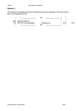 TEMA 5                      LOS LIBROS CONTABLES

Ejemplo 2:

Una empresa ha pagado por banco el recibo de la luz que asciende a 472 euros, de los
que 72 corresponden al IVA

                    ________________        xxx     _________________

         400   628 Suministros
          72   472 H.P. IVA soportado         a Bancos c/c                  572        472
                   _________________        xxx    _________________




CONTABILIDAD Y FISCALIDAD                                                  CSAF
 