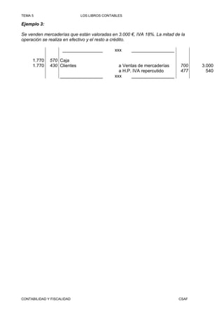 TEMA 5                       LOS LIBROS CONTABLES

Ejemplo 3:

Se venden mercaderías que están valoradas en 3.000 €, IVA 18%. La mitad de la
operación se realiza en efectivo y el resto a crédito.

                    ________________         xxx    _________________

     1.770    570 Caja
     1.770    430 Clientes                     a Ventas de mercaderías    700    3.000
                                               a H.P. IVA repercutido     477      540
                   _________________         xxx     _________________




CONTABILIDAD Y FISCALIDAD                                                 CSAF
 