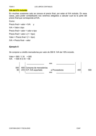TEMA 5                            LOS LIBROS CONTABLES

IVA del X% incluido
En muchas ocasiones solo se conoce el precio final, por estar el IVA incluido. En esos
casos, para poder contabilizarlo nos veremos obligados a calcular cual es la parte del
precio final que corresponde al IVA.
Como:
Precio final = valor + IVA    y
IVA = Valor x tipo
Precio final = valor + valor x tipo
Precio final = valor x (1 + tipo)
Valor = Precio final / (1 + tipo)
IVA = Precio final – valor


Ejemplo 5:

Se compran a crédito mercaderías por valor de 590 €. IVA del 18% incluido.

Valor = 590 / 1,18 = 500
IVA = 500 X 0,18 = 90

                      ________________            xxx    _________________

         500   600 Compras de mercaderías
          90   472 H.P. IVA soportado       a Proveedores                    400         590
                   _________________      xxx     _________________




CONTABILIDAD Y FISCALIDAD                                                    CSAF
 