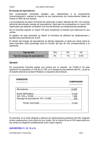 TEMA 5                                LOS LIBROS CONTABLES

El recargo de equivalencia
Son comerciantes minoristas aquellos que, dedicándose a la compraventa
(comercialización), realizan la mayoría de sus operaciones con consumidores finales (al
menos un 80% de sus ventas).
Los proveedores de estos minoristas les repercuten a estos, además del IVA, otro importe
adicional denominado recargo de equivalencia. Será para los proveedores un nuevo IVA
repercutido que deberán considerar a la hora de efectuar sus declaraciones periódicas.
Así el minorista soporta un mayor IVA para compensar el importe que repercute en sus
ventas.
El objetivo de esta operación es liberar al minorista de efectuar las declaraciones y
liquidaciones periódicas por el IVA.
El cálculo del recargo de equivalencia se efectúa aplicando un tanto por ciento sobre la
base imponible. Este porcentaje varía en función del tipo de IVA correspondiente a la
operación:


                     Tipo de IVA                                18%                  8%                    4%
    Tipo de recargo de equivalencia                              4%                  1%                   0,5%


Ejemplo:

Un comerciante minorista realiza una compra por un importe de 10.000 €. En esta
operación ha soportado un IVA de un 18% y un recargo de equivalencia del 4%. ¿Cuál es
el importe total de la compra? Realizar un esquema de la factura.


         VENDEDOR
         .....................                                                           COMPRADOR
                                                                                         ........................

          Mercaderías …........................................................................10.000

          BASE IMPONIBLE .................................................................. 10.000
          IVA: 18% x 10.000 ................................................................. 1.800
          Recargo de equivalencia: 4% x 10.000 .................................. 400

                    TOTAL FACTURA ...................................................... 12.200




El minorista, al no estar obligado a efectuar las declaraciones periódicas del IVA, integrará
ambos suplementos como parte de sus costes. De la misma forma el IVA repercutido por
las ventas se integrará contablemente como mayor ingreso.

SUPUESTOS 11, 12, 13 y 14

CONTABILIDAD Y FISCALIDAD                                                                                 CSAF
 