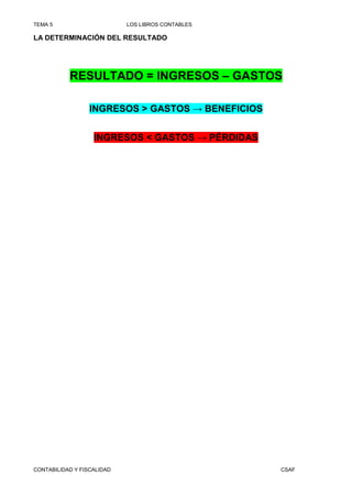 TEMA 5                      LOS LIBROS CONTABLES

LA DETERMINACIÓN DEL RESULTADO




           RESULTADO = INGRESOS – GASTOS

                  INGRESOS > GASTOS → BENEFICIOS


                   INGRESOS < GASTOS → PÉRDIDAS




CONTABILIDAD Y FISCALIDAD                          CSAF
 
