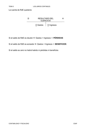TEMA 5                         LOS LIBROS CONTABLES

La cuenta de RdE quedaría:



                       D            RESULTADO DEL               H
                                      EJERCICIO

                                 ∑ Gastos      ∑ Ingresos




Si el saldo de RdE es deudor      Gastos > Ingresos    PÉRDIDAS


Si el saldo de RdE es acreedor     Gastos < Ingresos    BENEFICIOS


Si el saldo es cero no habrá habido ni pérdidas ni beneficios




CONTABILIDAD Y FISCALIDAD                                            CSAF
 