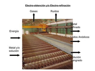 Gases Ruidos 
Metal 
refinado 
Lodos Anódicos 
Solución 
Sangrado 
Energía 
Metal y/o 
solución 
Electro-obtención y/o Electro-refinación 
 