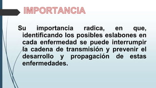 Su importancia radica, en que,
identificando los posibles eslabones en
cada enfermedad se puede interrumpir
la cadena de transmisión y prevenir el
desarrollo y propagación de estas
enfermedades.
 