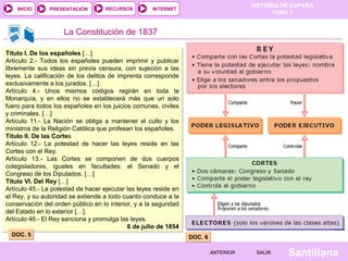 HISTORIA DE ESPAÑA
    INICIO     PRESENTACIÓN         RECURSOS         INTERNET
                                                                                            TEMA 7


                     La Constitución de 1837

Título I. De los españoles […]
Artículo 2.- Todos los españoles pueden imprimir y publicar
libremente sus ideas sin previa censura, con sujeción a las
leyes. La calificación de los delitos de imprenta corresponde
exclusivamente a los jurados. […]
Artículo 4.- Unos mismos códigos regirán en toda la
Monarquía, y en ellos no se establecerá más que un solo
fuero para todos los españoles en los juicios comunes, civiles
y criminales. […]
Artículo 11.- La Nación se obliga a mantener el culto y los
ministros de la Religión Católica que profesan los españoles.
Título II. De las Cortes
Artículo 12.- La potestad de hacer las leyes reside en las
Cortes con el Rey.
Artículo 13.- Las Cortes se componen de dos cuerpos
colegisladores, iguales en facultades: el Senado y el
Congreso de los Diputados. […]
Título VI. Del Rey […]
Artículo 45.- La potestad de hacer ejecutar las leyes reside en
el Rey, y su autoridad se extiende a todo cuanto conduce a la
conservación del orden público en lo interior, y a la seguridad
del Estado en lo exterior […].
Artículo 46.- El Rey sanciona y promulga las leyes.
                                            6 de julio de 1854
  DOC. 5                                                          DOC. 6

                                                                           ANTERIOR    SALIR    Santillana
 