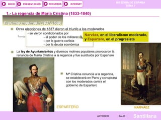 HISTORIA DE ESPAÑA
  INICIO       PRESENTACIÓN        RECURSOS        INTERNET
                                                                                           TEMA 7


 1.- La regencia de María Cristina (1833-1840)

El trienio moderado (1837-1840)
           Otras elecciones de 1837 dieron el triunfo a los moderados
                   - se vieron condicionados por
                                                              Narváez, en el liberalismo moderado,
                               - el poder de los militares
                               - por la guerra carlista       y Espartero, en el progresista
                               - por la deuda económica

           La ley de Ayuntamientos y diversos motines populares provocaron la
           renuncia de María Cristina a la regencia y fue sustituida por Espartero




                                                Mª Cristina renuncia a la regencia,
                                                se establecerá en Paris y conspirará
                                                con los moderados contra el
                                                gobierno de Espartero




                                        ESPARTERO                                               NARVÁEZ

                                                                      ANTERIOR         SALIR   Santillana
 