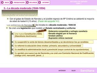 HISTORIA DE ESPAÑA
  INICIO       PRESENTACIÓN     RECURSOS             INTERNET
                                                                                        TEMA 7


 3.- La década moderada (1844-1854)

La mayoría de edad de Isabel II
           Con el golpe de Estado de Narváez y el posible regreso de Mª Cristina se adelantó la mayoría
           de edad de Isabel II (13 años) (Pasar del epígrafe 3.2)
    Los gobiernos de Narváez           Se iniciaba la «década moderada» 1844-54
           Se creó una legislación que modeló un Estado centralizado y uniforme
                                              17 y   18
                                         DOC.              -Soberanía compartida y sufragio censitario
                Una nueva Constitución (1845)              -Senado elegido por el monarca
                (liberalismo doctrinario)                  -Unidad católica
                                                           -Supresión milicia nacional

                Se suspendió la venta de bienes desamortizados y se devolvieron los ya vendidos
                Se reformó la educación (tres niveles: primaria, secundaria y universidad)
                Se modificó la administración local y provincial (mayor control de los ayuntamientos)
                Se aprobó una nueva Ley de Hacienda y se creó una Comisión Nacional de Codificación
                (código civil, mercantil, penal…)




                                                                      ANTERIOR      SALIR     Santillana
 