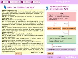 HISTORIA DE ESPAÑA
  INICIO       PRESENTACIÓN         RECURSOS          INTERNET
                                                                                          TEMA 7


       Texto: La Constitución de 1845                                        Sistema político de la
                                                                             Constitución de 1845
Título I. De los Españoles
Art. 11. La Religión de la Nación española es la católica, apostólica,
romana. El Estado se obliga a mantener el culto y sus ministros. […]
Título III. Del Senado.
Art. 14. El número de Senadores es ilimitado: su nombramiento
pertenece al Rey.
Título IV. Del Congreso de los Diputados.
Art. 20. El Congreso de los Diputados se compondrá de los que
nombren las juntas electorales en la forma que determine la ley. Se
nombrará un Diputado a lo menos por cada cincuenta mil almas de la
población.
Art, 22. Para ser Diputado se requiere ser español del estado seglar,
haber cumplido veinticinco años, disfrutar la renta procedente de
                                                                            .
bienes raíces, o pagar por contribuciones directas la cantidad que la
ley electoral exija […]
Título V. De la celebración y facultades de las Cortes.
Art. 35. El Rey y cada uno de los cuerpos colegisladores tienen la
iniciativa de las leyes.
Art. 36. Las leyes sobre contribuciones y crédito público se
presentarán primero al Congreso de los Diputados. […]
Título XI. De las Diputaciones provinciales y de los Ayuntamientos.
Art. 72. En cada provincia habrá una Diputación provincial, elegida en
la forma que determine la ley, y compuesta del número de individuos
que esta señale. […]
Art. 73. Habrá en los pueblos Alcaldes y Ayuntamientos. Los
Ayuntamientos serán nombrados por los vecinos a quienes la ley
confiera este derecho.
                                                   23 de mayo de 1845     DOC. 18
                         DOC. 17

                                                                         ANTERIOR    SALIR    Santillana
 