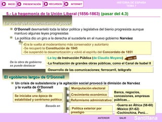 HISTORIA DE ESPAÑA
  INICIO       PRESENTACIÓN      RECURSOS        INTERNET
                                                                                      TEMA 7


 5.- La hegemonía de la Unión Liberal (1856-1863) (pasar del 4.3)

La vuelta del moderantismo al poder
       O’Donnell desmanteló toda la labor politica y legislativa del bienio progresista aunque
       mantuvo algunas leyes progresistas
       La política dio un giro a la derecha al sucederle en el nuevo gobierno Narváez
                -Era la vuelta al moderantismo más conservador y autoritario
                -Se recuperó la Constitución de 1845
                -Se suspendió la desamortización y volvió el espíritu del Concordato de 1851
                                -La ley de Instrucción Pública (de Claudio Moyano)        DOC.
                                                                                               25

   De la obra de gobierno       -La finalización de grandes obras públicas, como el Canal de Isabel II
   se puede destacar
                                -Desarrollo de las comunicaciones; ferrocarril, telégrafo

El «gobierno largo» de O’Donnell
           Un crisis de subsistencia y la agitación social provocó la dimisión de Narváez
           y la vuelta de O’Donnell            Manipulación electoral
                                                                          Banca, negocios,
       Se iniciaba una época de                  Crecimiento económico    concesiones, empresas
       estabilidad y centrismo político         Reformismo administrativo públicas…
                               Basada en                                   -Guerra en África (58-60)
                                                Política exterior por      -México (61-62)
                                                prestigio                  -Cochinchina, Perú…
                                                                   ANTERIOR       SALIR        Santillana
 