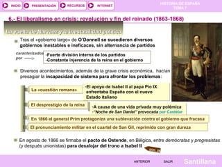 HISTORIA DE ESPAÑA
  INICIO    PRESENTACIÓN      RECURSOS          INTERNET
                                                                                          TEMA 7


 6.- El liberalismo en crisis: revolución y fin del reinado (1863-1868)

La vuelta de Narváez y la inestabilidad política
       Tras el «gobierno largo» de O’Donnell se sucedieron diversos
       gobiernos inestables e ineficaces, sin alternancia de partidos
    caracterizados -Fuerte división interna de los partidos
    por            -Constante injerencia de la reina en el gobierno

       Diversos acontecimientos, además de la grave crisis económica, hacían
       presagiar la incapacidad de sistema para afrontar los problemas:

                                          -El apoyo de Isabel II al papa Pío IX
            La «cuestión romana»           enfrentaba España con el nuevo
                                           Estado italiano
            El desprestigio de la reina      -A causa de una vida privada muy polémica
                                             -“Noche de San Daniel” provocada por Castelar
            En 1866 el general Prim protagoniza una sublevación contra el gobierno que fracasa
            El pronunciamiento militar en el cuartel de San Gil, reprimido con gran dureza


       En agosto de 1866 se firmaba el pacto de Ostende, en Bélgica, entre demócratas y progresistas
       (y después unionistas) para desalojar del trono a Isabel II
                                                                          DOC. 28



                                                                   ANTERIOR          SALIR    Santillana
 