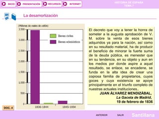 HISTORIA DE ESPAÑA
  INICIO   PRESENTACIÓN   RECURSOS   INTERNET
                                                                      TEMA 7


           La desamortización


                                                El decreto que voy a tener la honra de
                                                someter a la augusta aprobación de V.
                                                M. sobre la venta de esos bienes
                                                adquiridos ya para la nación, así como
                                                en su resultado material, ha de producir
                                                el beneficio de minorar la fuerte suma
                                                de la deuda pública, es menester que
                                                en su tendencia, en su objeto y aun en
                                                los medios por donde aspire a aquel
                                                resultado, se enlace, se encadene, se
                                                funda en la alta idea de crear una
                                                copiosa familia de propietarios, cuyos
                                                goces y cuya existencia se apoye
                                                principalmente en el triunfo completo de
                                                nuestras actuales instituciones..
                                                       JUAN ÁLVAREZ MENDIZÁBAL,
                                                                 La Gaceta de Madrid,
                                                                 19 de febrero de 1836
DOC. 4

                                                    ANTERIOR     SALIR    Santillana
 