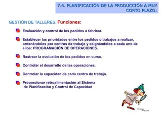 7.4. PLANIFICACIÓN DE LA PRODUCCIÓN A MUY
CORTO PLAZO:
Evaluación y control de los pedidos a fabricar.
Establecer las prioridades entre los pedidos o trabajos a realizar,
ordenándolos por centros de trabajo y asignándolos a cada uno de
ellos: PROGRAMACIÓN DE OPERACIONES.
Rastrear la evolución de los pedidos en curso.
Controlar el desarrollo de las operaciones.
Controlar la capacidad de cada centro de trabajo.
Proporcionar retroalimentación al Sistema
de Planificación y Control de Capacidad
GESTIÓN DE TALLERES. Funciones:
 