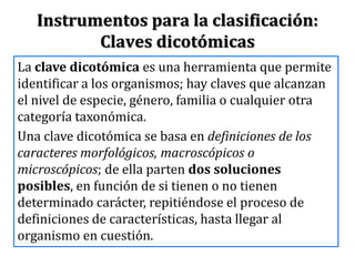 Instrumentos para la clasificación:
Claves dicotómicas
La clave dicotómica es una herramienta que permite
identificar a los organismos; hay claves que alcanzan
el nivel de especie, género, familia o cualquier otra
categoría taxonómica.
Una clave dicotómica se basa en definiciones de los
caracteres morfológicos, macroscópicos o
microscópicos; de ella parten dos soluciones
posibles, en función de si tienen o no tienen
determinado carácter, repitiéndose el proceso de
definiciones de características, hasta llegar al
organismo en cuestión.
 