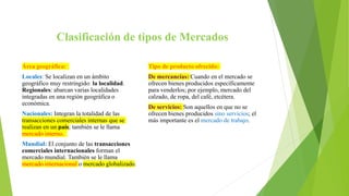 Clasificación de tipos de Mercados
Área geográfica:
Locales: Se localizan en un ámbito
geográfico muy restringido: la localidad.
Regionales: abarcan varias localidades
integradas en una región geográfica o
económica.
Nacionales: Integran la totalidad de las
transacciones comerciales internas que se
realizan en un país; también se le llama
mercado interno.
Mundial: El conjunto de las transacciones
comerciales internacionales forman el
mercado mundial. También se le llama
mercado internacional o mercado globalizado.
Tipo de producto ofrecido:
De mercancías: Cuando en el mercado se
ofrecen bienes producidos específicamente
para venderlos; por ejemplo, mercado del
calzado, de ropa, del café, etcétera.
De servicios: Son aquellos en que no se
ofrecen bienes producidos sino servicios; el
más importante es el mercado de trabajo.
 