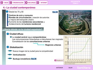 INICIO

PRESENTACIÓN

RECURSOS

GEOGRAFÍA
TEMA 8

INTERNET

4.- La ciudad contemporánea
Desde los 70 y 80

Doc.36

Centros de ocio y consumo
Rondas de circunvalación, creación de autovías
y mejora del transporte urbano
Aumento de las residencias secundarias y
fortalecimiento del turismo residencial

¿Hacia dónde va la ciudad española?
Ciudad difusa
La ciudad central sigue compactándose
Las comunicaciones intraurbanas e interurbanas han mejorado
Consolidación de las conurbaciones urbanas
Regiones urbanas

Globalización
Nueva imagen de la ciudad para la competitividad
Verticalización
Burbuja inmobiliaria Doc.38

Ampliación

ANTERIOR

SALIR

Santillana

 