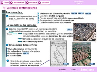 INICIO

PRESENTACIÓN

RECURSOS

GEOGRAFÍA
TEMA 8

INTERNET

4.- La ciudad contemporánea
Los ensanches
Nuevos barrios planificados en el
siglo XIX alrededor del centro

Ensanches de Barcelona y Madrid Doc.24 Doc.25 Doc.26
Modelo de ciudad burguesa
Formas geométricas, sobre todo planos cuadrícula
Se proyectan todas las infraestructuras
Los usos del ensanche son variados

La aparición de las periferias
Segunda mitad del XIX aparece un nuevo espacio urbano
Doc.27
en las ciudades españolas: las periferias y los suburbios
Incapacidad de los centros tradicionales y de los ensanches
Causas
para dar respuesta a todas las demandas de suelo urbano
Carestía que adquiere el suelo de los ensanches
Atraso técnico y social
Características de las periferias
Vivienda marginal o infravivienda
La industria se desplaza a la periferia
Ciudades jardín Doc.28
Casas baratas
Una de las principales propuestas de
la periferia de Madrid fue el proyecto
de ciudad lineal de Arturo Soria

Doc.30
ANTERIOR

Doc.29
SALIR

Santillana

 