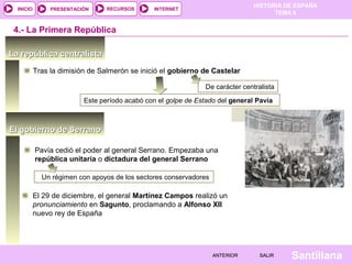 INICIO

PRESENTACIÓN

RECURSOS

HISTORIA DE ESPAÑA
TEMA 8

INTERNET

4.- La Primera República
La república centralista
Tras la dimisión de Salmerón se inició el gobierno de Castelar
De carácter centralista
Este período acabó con el golpe de Estado del general Pavía

El gobierno de Serrano
Pavía cedió el poder al general Serrano. Empezaba una
república unitaria o dictadura del general Serrano
Un régimen con apoyos de los sectores conservadores

El 29 de diciembre, el general Martínez Campos realizó un
pronunciamiento en Sagunto, proclamando a Alfonso XII
nuevo rey de España

ANTERIOR

SALIR

Santillana

 