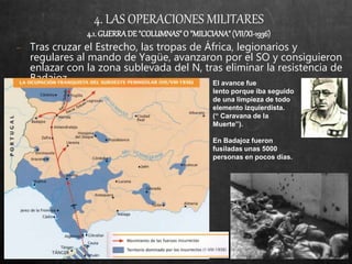 4. LAS OPERACIONES MILITARES
4.1.GUERRADE"COLUMNAS"O "MILICIANA"(VII/XI-1936)
− Tras cruzar el Estrecho, las tropas de África, legionarios y
regulares al mando de Yagüe, avanzaron por el SO y consiguieron
enlazar con la zona sublevada del N, tras eliminar la resistencia de
Badajoz. El avance fue
lento porque iba seguido
de una limpieza de todo
elemento izquierdista.
(“ Caravana de la
Muerte”).
En Badajoz fueron
fusiladas unas 5000
personas en pocos días.
 
