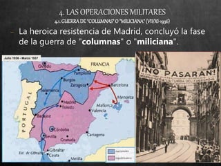 4. LAS OPERACIONES MILITARES
4.1.GUERRADE"COLUMNAS"O "MILICIANA"(VII/XI-1936)
Julio 1936 - Marzo 1937
− La heroica resistencia de Madrid, concluyó la fase
de la guerra de "columnas" o "miliciana".
 