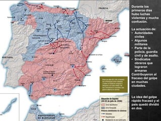 Durante los
primeros días
hubo luchas
violentas y mucha
confusión.
La actuación de:
• Autoridades
civiles
• Algunos
militares
• Parte de la
policía, guardia
civil y de asalto.
• Sindicatos
obreros que
lograron
armarse
Contribuyeron al
fracaso del golpe
en muchas
ciudades.
La idea del golpe
rápido fracasó y el
país quedó dividió
en dos.
 