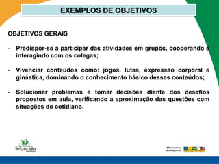 EXEMPLOS DE OBJETIVOS


OBJETIVOS GERAIS

-   Predispor-se a participar das atividades em grupos, cooperando e
    interagindo com os colegas;

-   Vivenciar conteúdos como: jogos, lutas, expressão corporal e
    ginástica, dominando o conhecimento básico desses conteúdos;

-   Solucionar problemas e tomar decisões diante dos desafios
    propostos em aula, verificando a aproximação das questões com
    situações do cotidiano.
 
