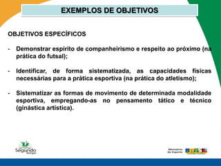 EXEMPLOS DE OBJETIVOS


OBJETIVOS ESPECÍFICOS

-   Demonstrar espírito de companheirismo e respeito ao próximo (na
    prática do futsal);

-   Identificar, de forma sistematizada, as capacidades físicas
    necessárias para a prática esportiva (na prática do atletismo);

-   Sistematizar as formas de movimento de determinada modalidade
    esportiva, empregando-as no pensamento tático e técnico
    (ginástica artística).
 