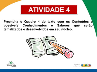 ATIVIDADE 4
Preencha o Quadro 4 do texto com os Conteúdos e
possíveis Conhecimentos e Saberes que serão
tematizados e desenvolvidos em seu núcleo.
 