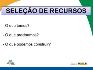 SELEÇÃO DE RECURSOS

- O que temos?

- O que precisamos?

- O que podemos construir?
 