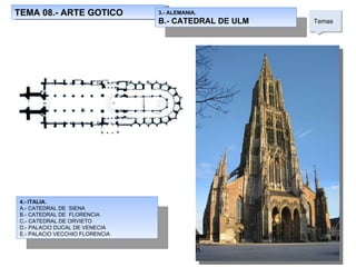 TEMA 08.- ARTE GOTICO Temas  3.- ALEMANIA. B.- CATEDRAL DE ULM 4.- ITALIA. A.- CATEDRAL DE  SIENA B.- CATEDRAL DE  FLORENCIA C.- CATEDRAL DE ORVIETO D.- PALACIO DUCAL DE VENECIA E.- PALACIO VECCHIO FLORENCIA 